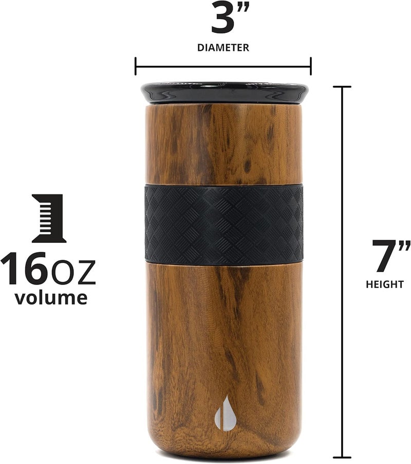 Elemental Artisan Insulated Tumbler, Triple Wall Coffee Travel Mug, Reusable Stainless Steel Coffee Tumbler with Ceramic Lid, Thermal Coffee Cups for Hot (6 Hrs) & Cold (18 Hrs), 16oz - Teakwood - Image 2